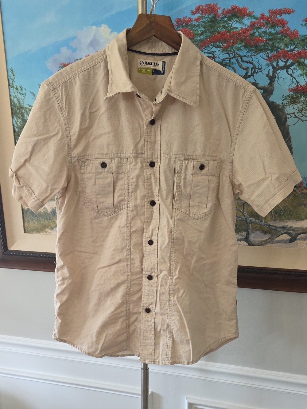 Magellan Outdoors Beige Short-Sleeve Button-Down Shirt
